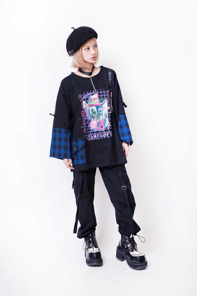 JillpunkオリジナルパンクKERA 銀河英雄キャッチャーUFOタータンチェック柄ゆったりチョーカー付き七分袖Tシャツカットソー ロリータメンズ レディー V系可愛いおしゃれ大きいサイズ男女兼用ファッション秋葉系萌え