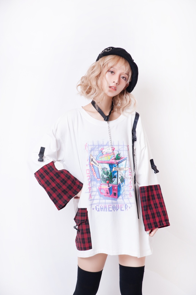 JillpunkオリジナルパンクKERA 銀河英雄キャッチャーUFOタータンチェック柄ゆったりチョーカー付き七分袖Tシャツカットソー ロリータメンズ レディー V系可愛いおしゃれ大きいサイズ男女兼用ファッション秋葉系萌え