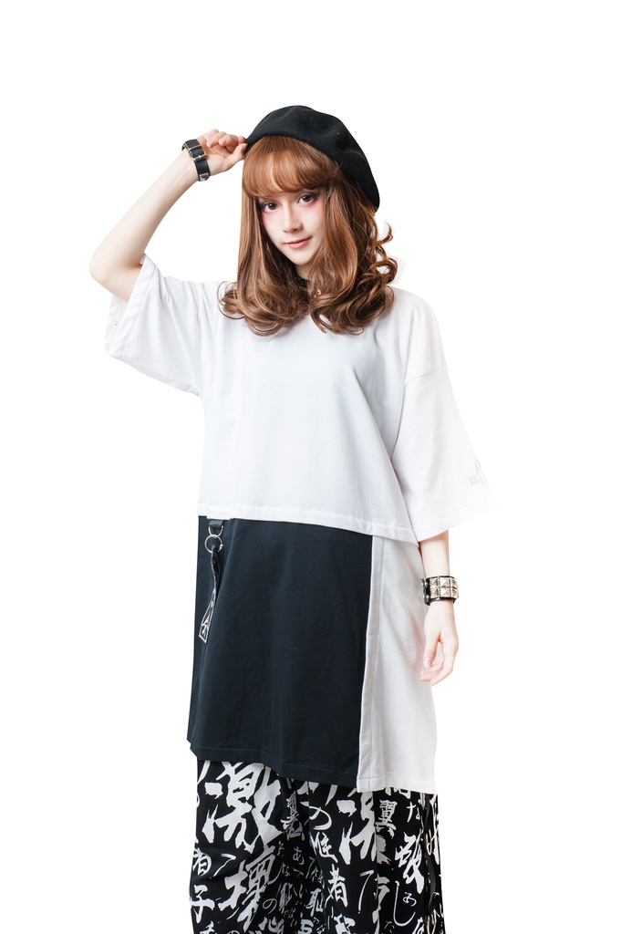 JillpunkオリジナルスタイルKERA 二次コン和風一期一会漢字刺繍付け札付き反対色ゆったりTシャツ パンクメンズ レディースV系秋葉系