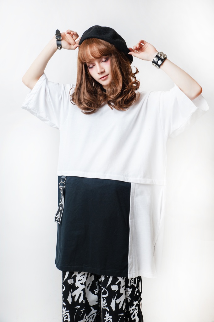 JillpunkオリジナルスタイルKERA 二次コン和風一期一会漢字刺繍付け札付き反対色ゆったりTシャツ パンクメンズ レディースV系秋葉系