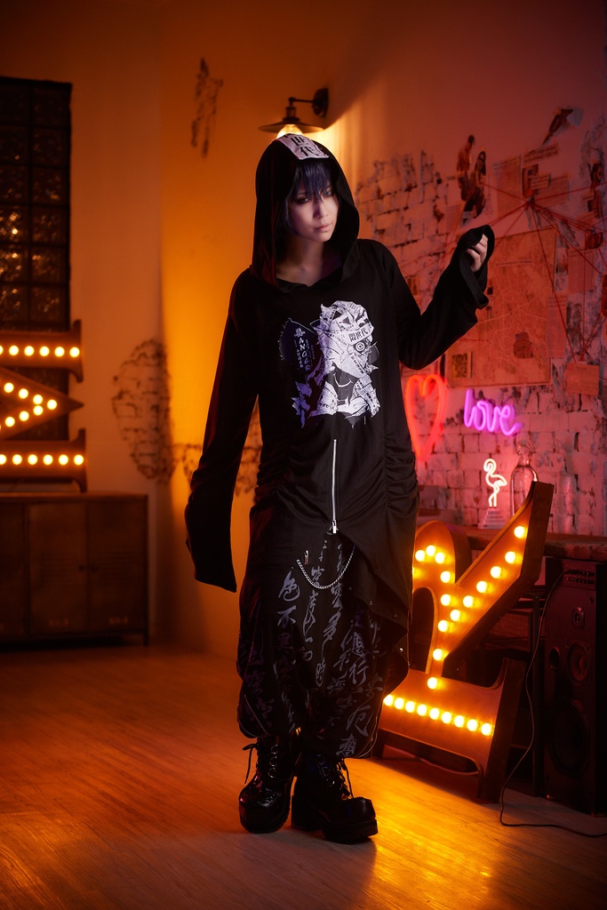 JillpunkオリジナルスタイルKERA ニート世代パラサイトミイラ アシンメトリー変形の裾フリルゆったりパーカー パンクロックメンズ レディースV系