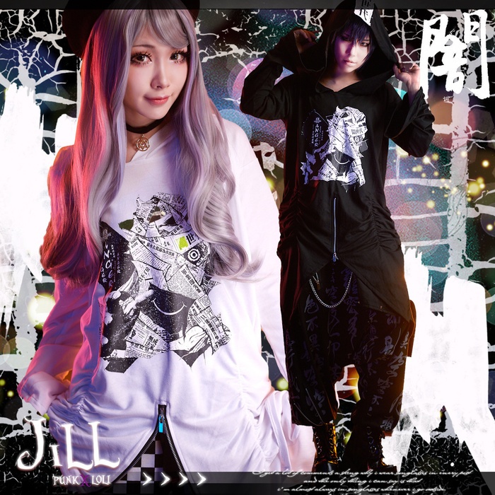 JillpunkオリジナルスタイルKERA ニート世代パラサイトミイラ アシンメトリー変形の裾フリルゆったりパーカー パンクロックメンズ レディースV系