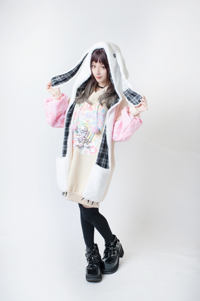 JillpunkオリジナルパンクKERA アニメファンタジー 病みかわメンヘラヤンデレウサギうさぎフェイクファー模造毛皮タータンチェック柄兎耳ポケットフード付きスカーフマフラー 圍巾 おしゃれ可愛い萌え男女兼用秋葉系ロリータ防寒 保温 運動 遠足 旅行