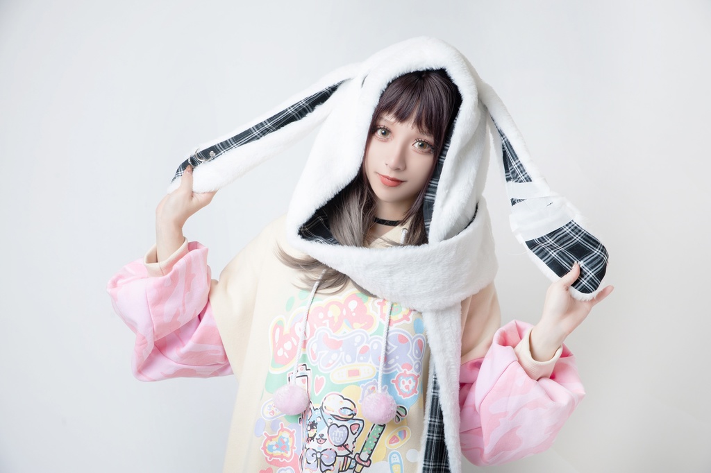 JillpunkオリジナルパンクKERA アニメファンタジー 病みかわメンヘラヤンデレウサギうさぎフェイクファー模造毛皮タータンチェック柄兎耳ポケットフード付きスカーフマフラー 圍巾 おしゃれ可愛い萌え男女兼用秋葉系ロリータ防寒 保温 運動 遠足 旅行