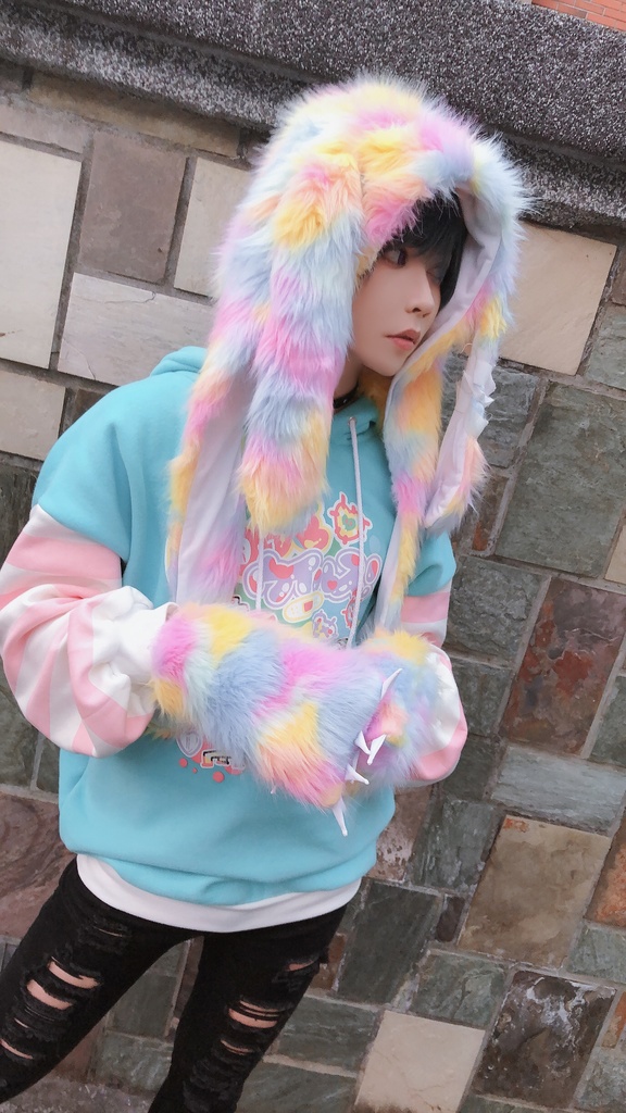 JillpunkオリジナルパンクKERA アニメファンタジー 病みかわメンヘラヤンデレウサギうさぎフェイクファー模造毛皮タータンチェック柄兎耳ポケットフード付きスカーフマフラー 圍巾 おしゃれ可愛い萌え男女兼用秋葉系ロリータ防寒 保温 運動 遠足 旅行