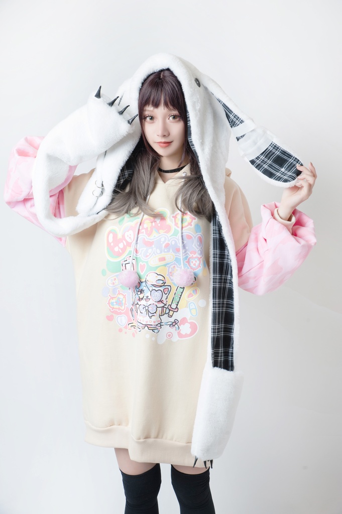 JillpunkオリジナルパンクKERA アニメファンタジー 病みかわメンヘラヤンデレウサギうさぎフェイクファー模造毛皮タータンチェック柄兎耳ポケットフード付きスカーフマフラー 圍巾 おしゃれ可愛い萌え男女兼用秋葉系ロリータ防寒 保温 運動 遠足 旅行