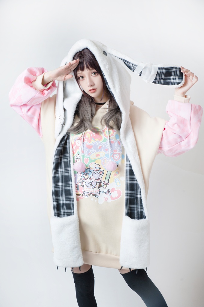 JillpunkオリジナルパンクKERA アニメファンタジー 病みかわメンヘラヤンデレウサギうさぎフェイクファー模造毛皮タータンチェック柄兎耳ポケットフード付きスカーフマフラー 圍巾 おしゃれ可愛い萌え男女兼用秋葉系ロリータ防寒 保温 運動 遠足 旅行