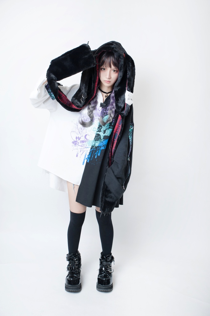 JillpunkオリジナルパンクKERA アニメファンタジー 病みかわメンヘラヤンデレウサギうさぎフェイクファー模造毛皮タータンチェック柄兎耳ポケットフード付きスカーフマフラー 圍巾 おしゃれ可愛い萌え男女兼用秋葉系ロリータ防寒 保温 運動 遠足 旅行