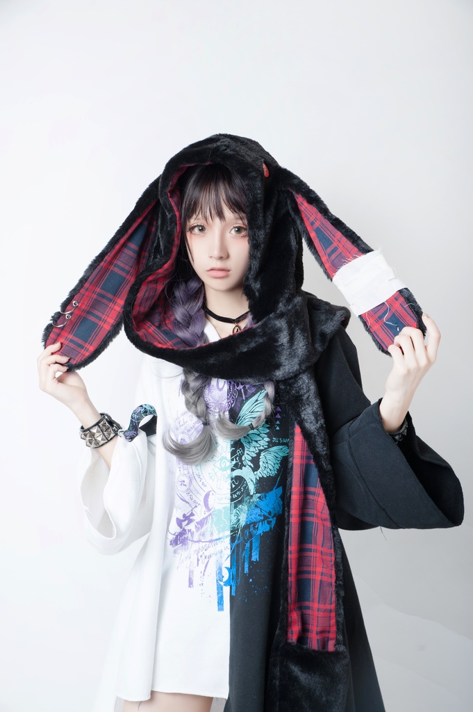 JillpunkオリジナルパンクKERA アニメファンタジー 病みかわメンヘラヤンデレウサギうさぎフェイクファー模造毛皮タータンチェック柄兎耳ポケットフード付きスカーフマフラー 圍巾 おしゃれ可愛い萌え男女兼用秋葉系ロリータ防寒 保温 運動 遠足 旅行