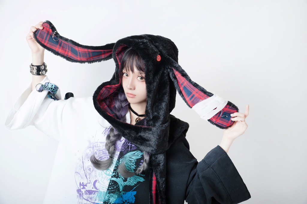 JillpunkオリジナルパンクKERA アニメファンタジー 病みかわメンヘラヤンデレウサギうさぎフェイクファー模造毛皮タータンチェック柄兎耳ポケットフード付きスカーフマフラー 圍巾 おしゃれ可愛い萌え男女兼用秋葉系ロリータ防寒 保温 運動 遠足 旅行