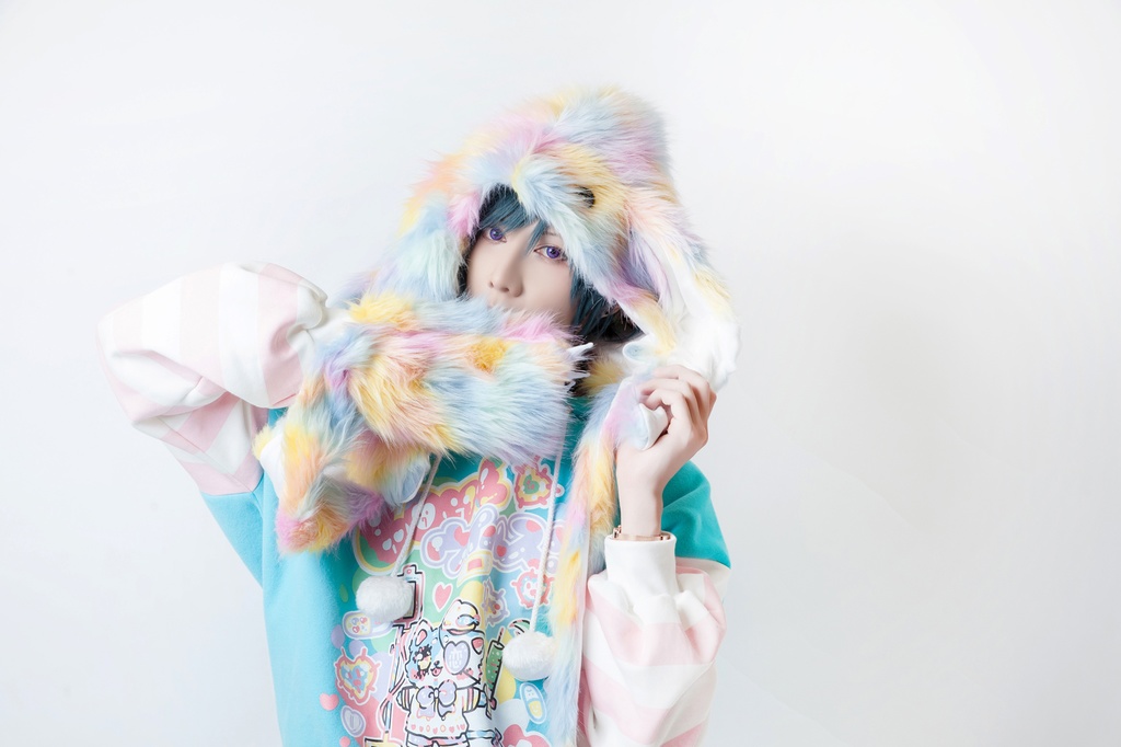 JillpunkオリジナルパンクKERA アニメファンタジー 病みかわメンヘラヤンデレウサギうさぎフェイクファー模造毛皮タータンチェック柄兎耳ポケットフード付きスカーフマフラー 圍巾 おしゃれ可愛い萌え男女兼用秋葉系ロリータ防寒 保温 運動 遠足 旅行