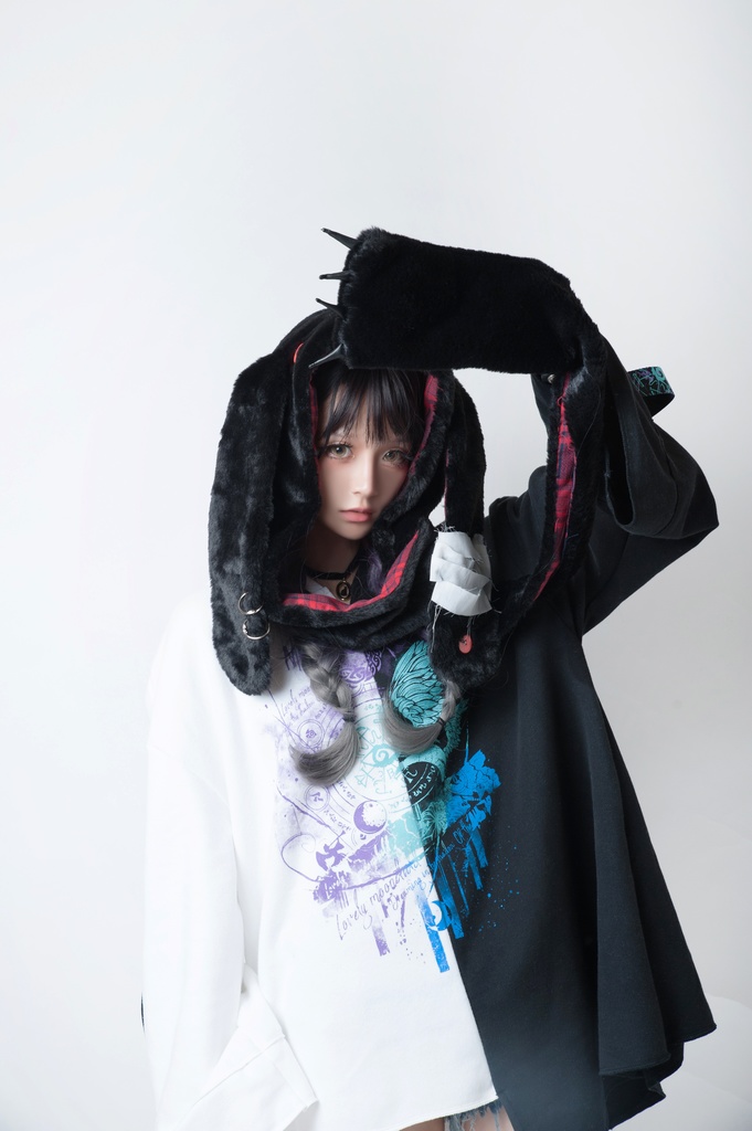 JillpunkオリジナルパンクKERA アニメファンタジー 病みかわメンヘラヤンデレウサギうさぎフェイクファー模造毛皮タータンチェック柄兎耳ポケットフード付きスカーフマフラー 圍巾 おしゃれ可愛い萌え男女兼用秋葉系ロリータ防寒 保温 運動 遠足 旅行