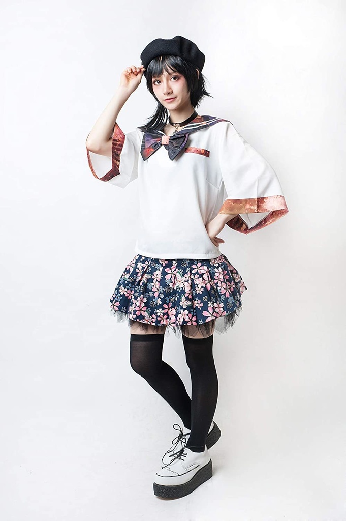 JillpunkオリジナルスタイルKERA 三千世界蛍の川祭り クロップド制服水兵服セーラー服ネックタイ付きブラウストップ 原宿系レディースV系