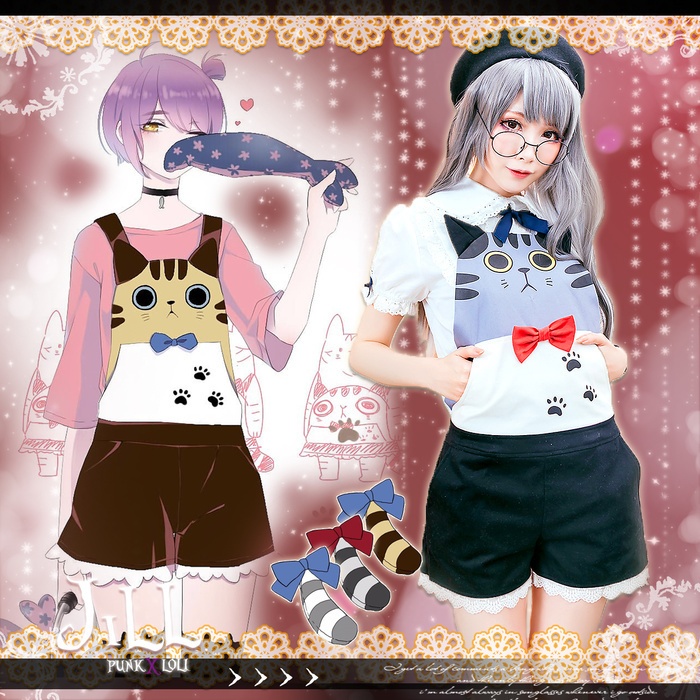 JillpunkオリジナルスタイルKERAアニメファンタジー にゃんこ国猫王子ショートサロペットショートパンツ ロリタレディース猫系可愛い萌えおしゃれ