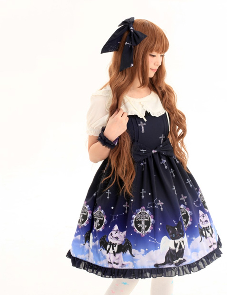 JillpunkオリジナルKERAアニメファンタジー インキュバス猫バトラー夜空プリント ノースリーブワンピースドレスJSK にゃんこ猫娘猫少女レディースロリータ