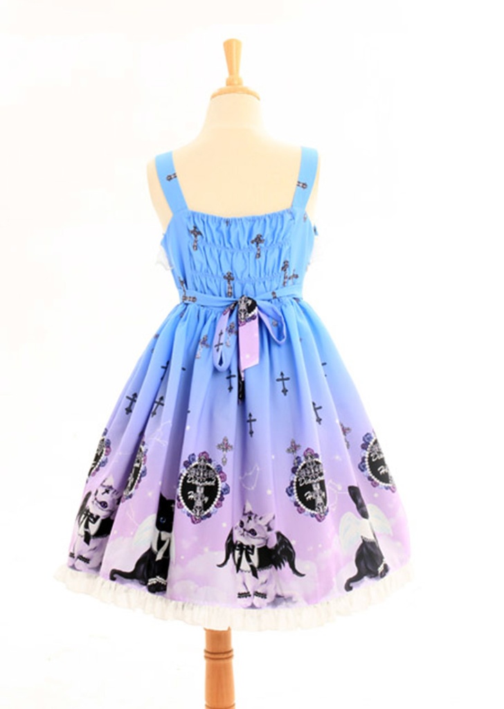 JillpunkオリジナルKERAアニメファンタジー インキュバス猫バトラー夜空プリント ノースリーブワンピースドレスJSK にゃんこ猫娘猫少女レディースロリータ