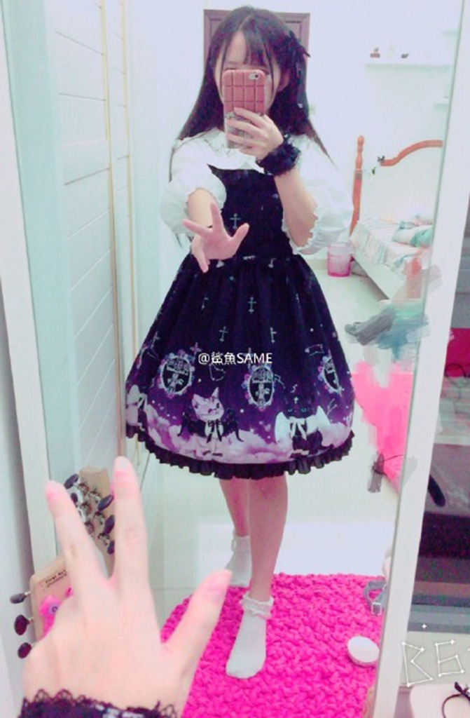 JillpunkオリジナルKERAアニメファンタジー インキュバス猫バトラー夜空プリント ノースリーブワンピースドレスJSK にゃんこ猫娘猫少女レディースロリータ