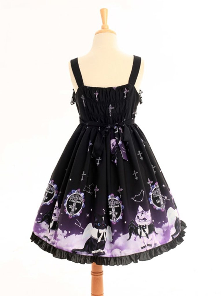 JillpunkオリジナルKERAアニメファンタジー インキュバス猫バトラー夜空プリント ノースリーブワンピースドレスJSK にゃんこ猫娘猫少女レディースロリータ