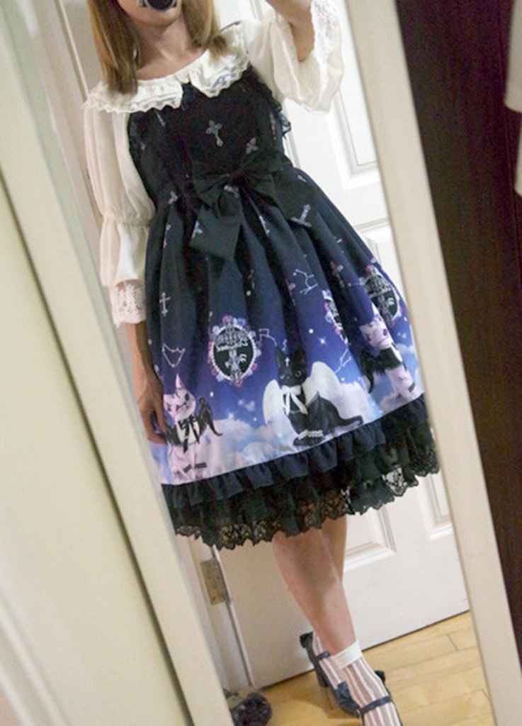 JillpunkオリジナルKERAアニメファンタジー インキュバス猫バトラー夜空プリント ノースリーブワンピースドレスJSK にゃんこ猫娘猫少女レディースロリータ