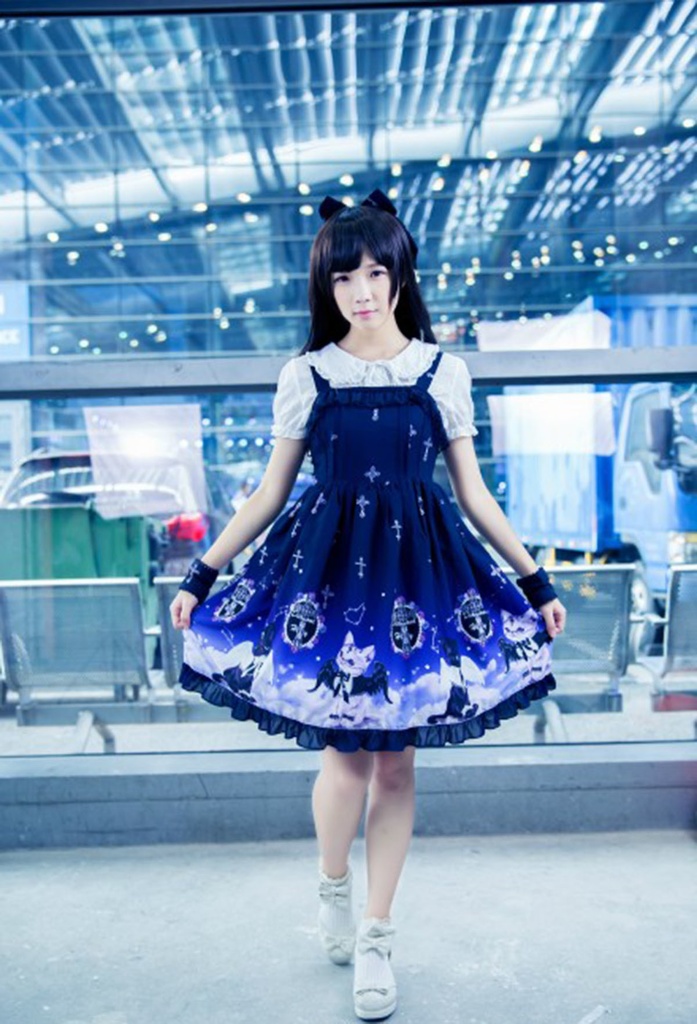 JillpunkオリジナルKERAアニメファンタジー インキュバス猫バトラー夜空プリント ノースリーブワンピースドレスJSK にゃんこ猫娘猫少女レディースロリータ