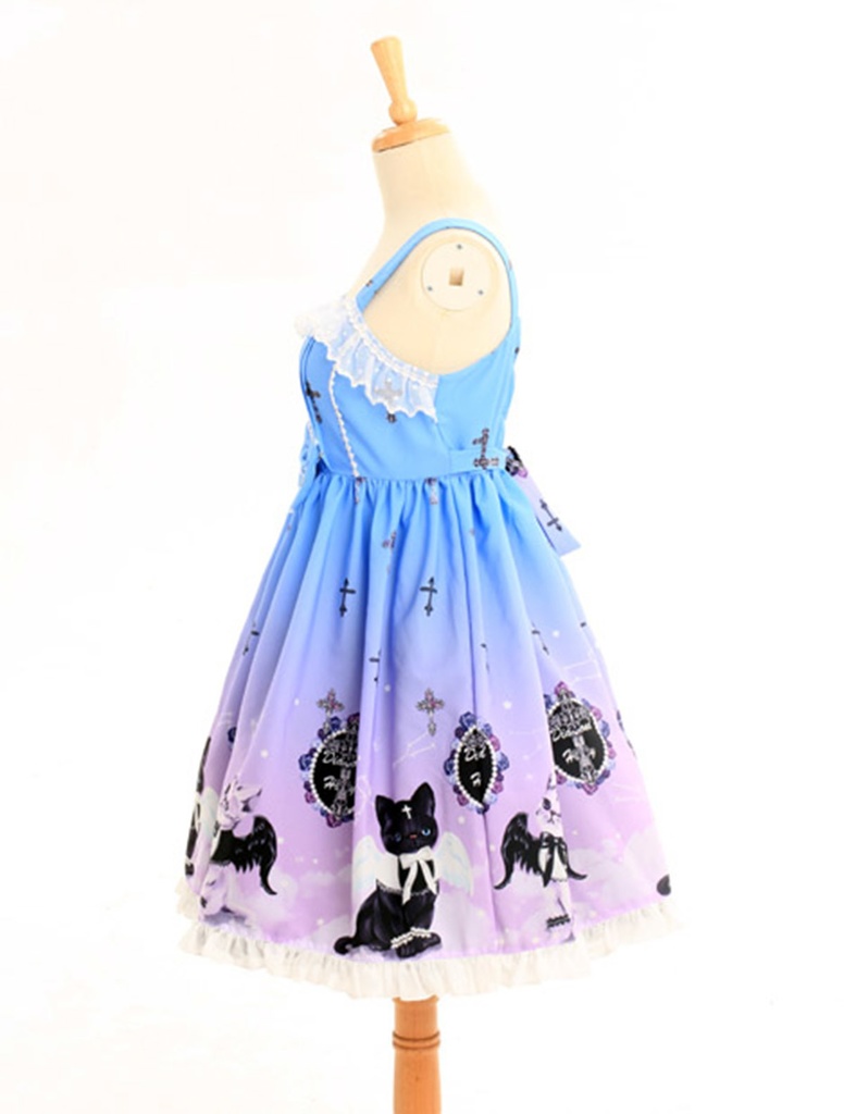 JillpunkオリジナルKERAアニメファンタジー インキュバス猫バトラー夜空プリント ノースリーブワンピースドレスJSK にゃんこ猫娘猫少女レディースロリータ
