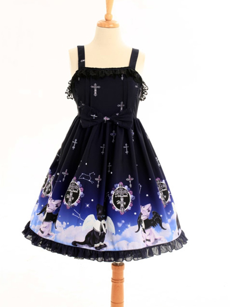 JillpunkオリジナルKERAアニメファンタジー インキュバス猫バトラー夜空プリント ノースリーブワンピースドレスJSK にゃんこ猫娘猫少女レディースロリータ