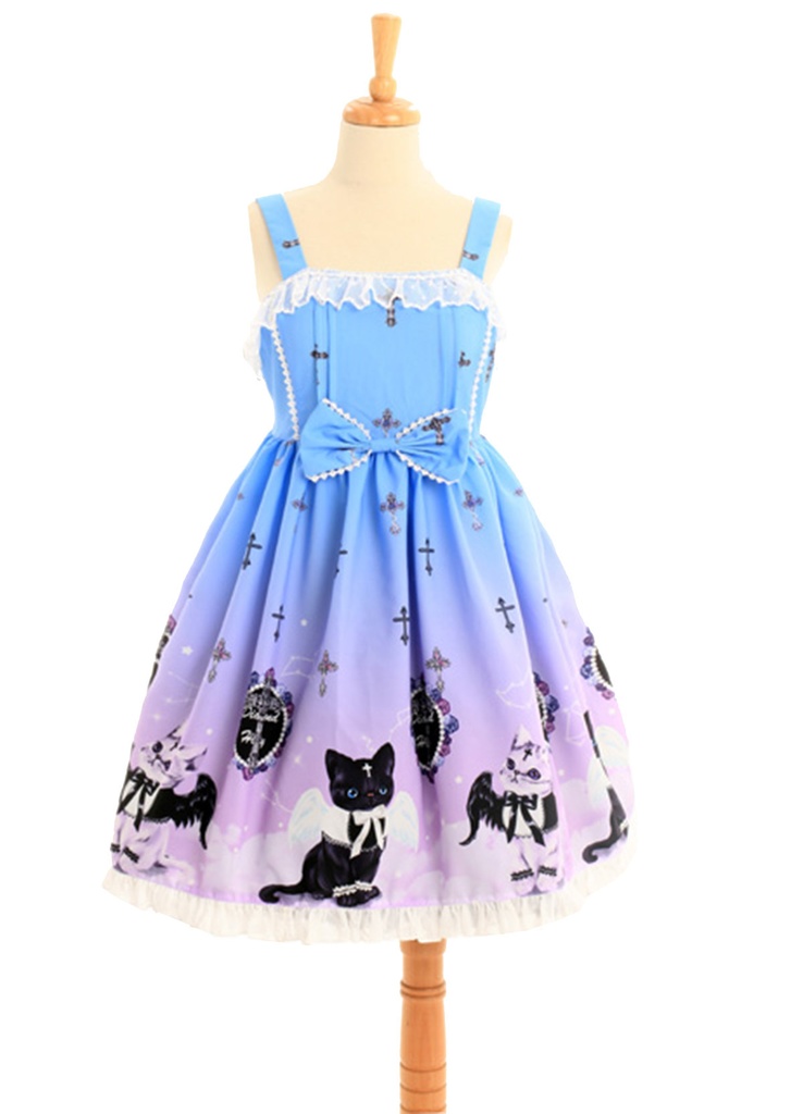JillpunkオリジナルKERAアニメファンタジー インキュバス猫バトラー夜空プリント ノースリーブワンピースドレスJSK にゃんこ猫娘猫少女レディースロリータ