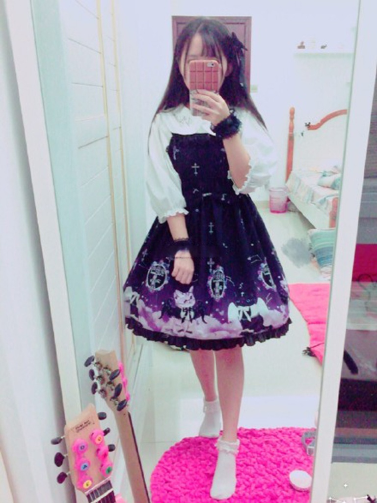 JillpunkオリジナルKERAアニメファンタジー インキュバス猫バトラー夜空プリント ノースリーブワンピースドレスJSK にゃんこ猫娘猫少女レディースロリータ