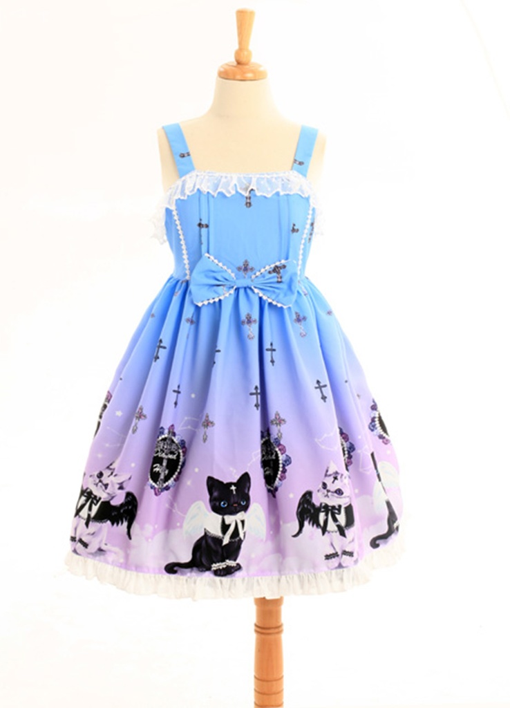 JillpunkオリジナルKERAアニメファンタジー インキュバス猫バトラー夜空プリント ノースリーブワンピースドレスJSK にゃんこ猫娘猫少女レディースロリータ