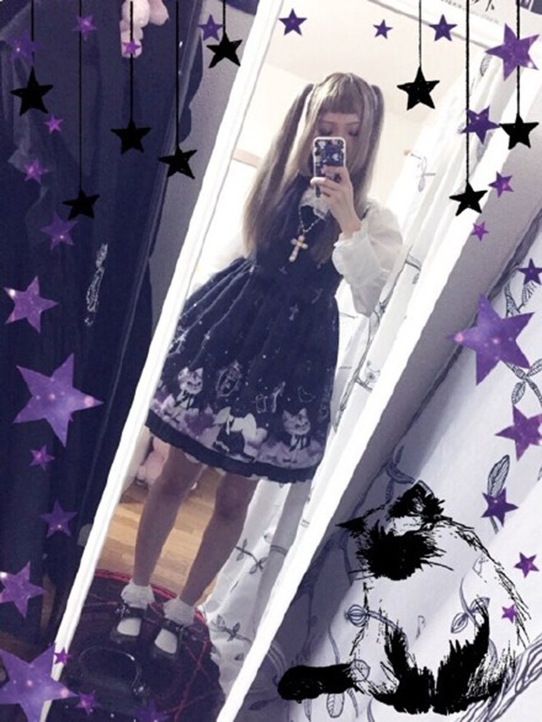 JillpunkオリジナルKERAアニメファンタジー インキュバス猫バトラー夜空プリント ノースリーブワンピースドレスJSK にゃんこ猫娘猫少女レディースロリータ