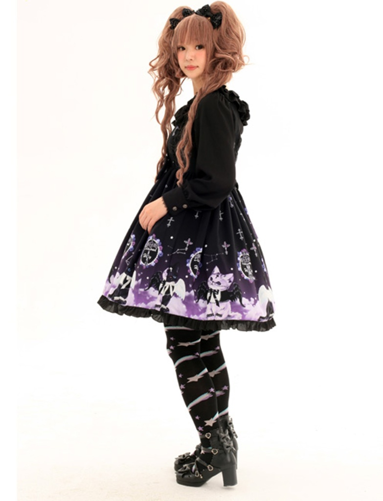 JillpunkオリジナルKERAアニメファンタジー インキュバス猫バトラー夜空プリント ノースリーブワンピースドレスJSK にゃんこ猫娘猫少女レディースロリータ