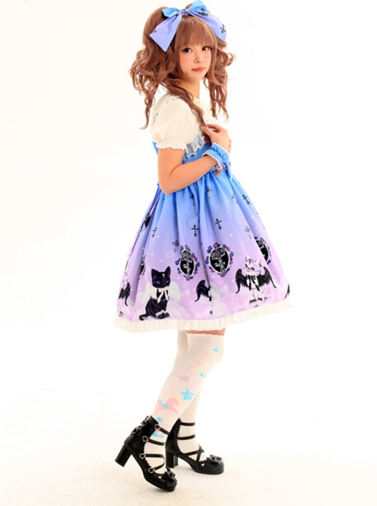 JillpunkオリジナルKERAアニメファンタジー インキュバス猫バトラー夜空プリント ノースリーブワンピースドレスJSK にゃんこ猫娘猫少女レディースロリータ