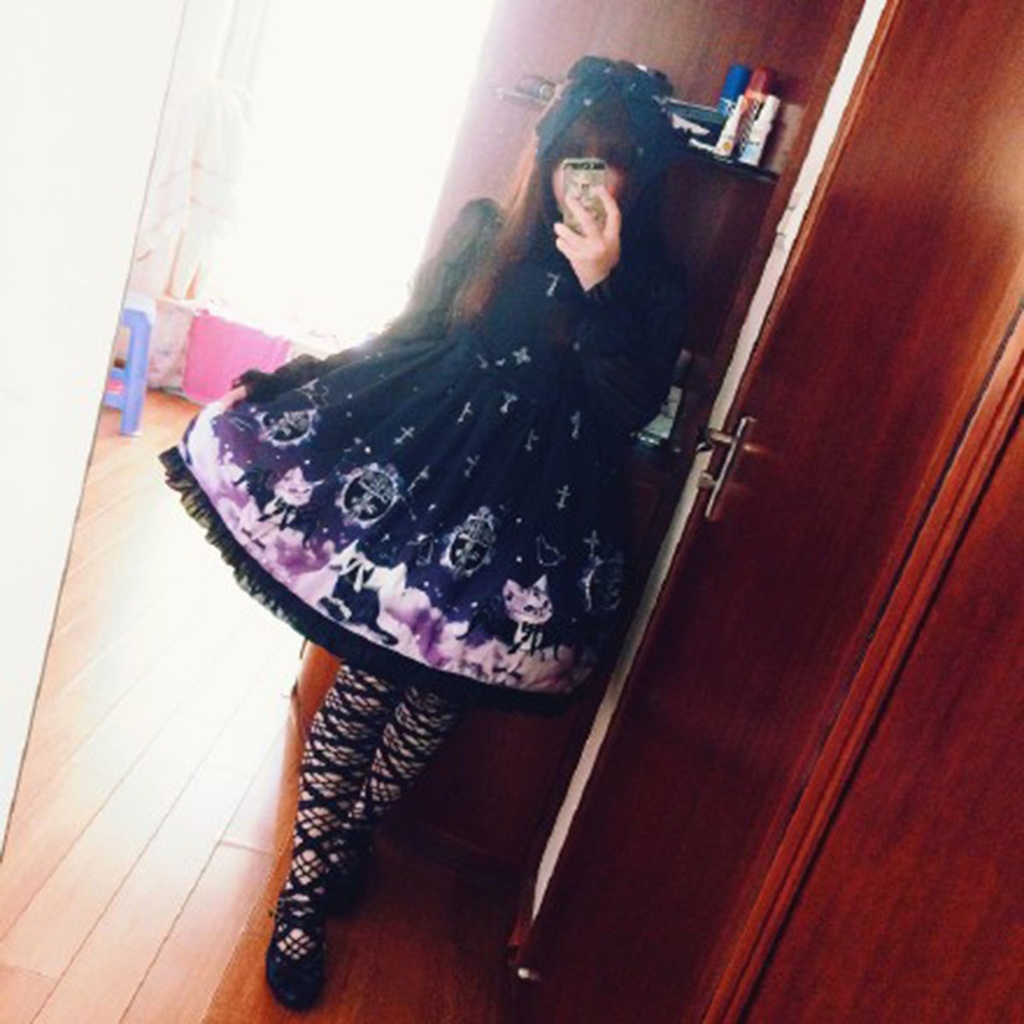 JillpunkオリジナルKERAアニメファンタジー インキュバス猫バトラー夜空プリント ノースリーブワンピースドレスJSK にゃんこ猫娘猫少女レディースロリータ