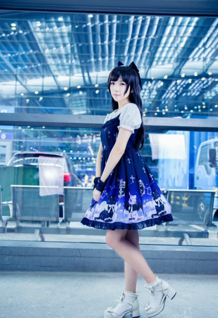 JillpunkオリジナルKERAアニメファンタジー インキュバス猫バトラー夜空プリント ノースリーブワンピースドレスJSK にゃんこ猫娘猫少女レディースロリータ