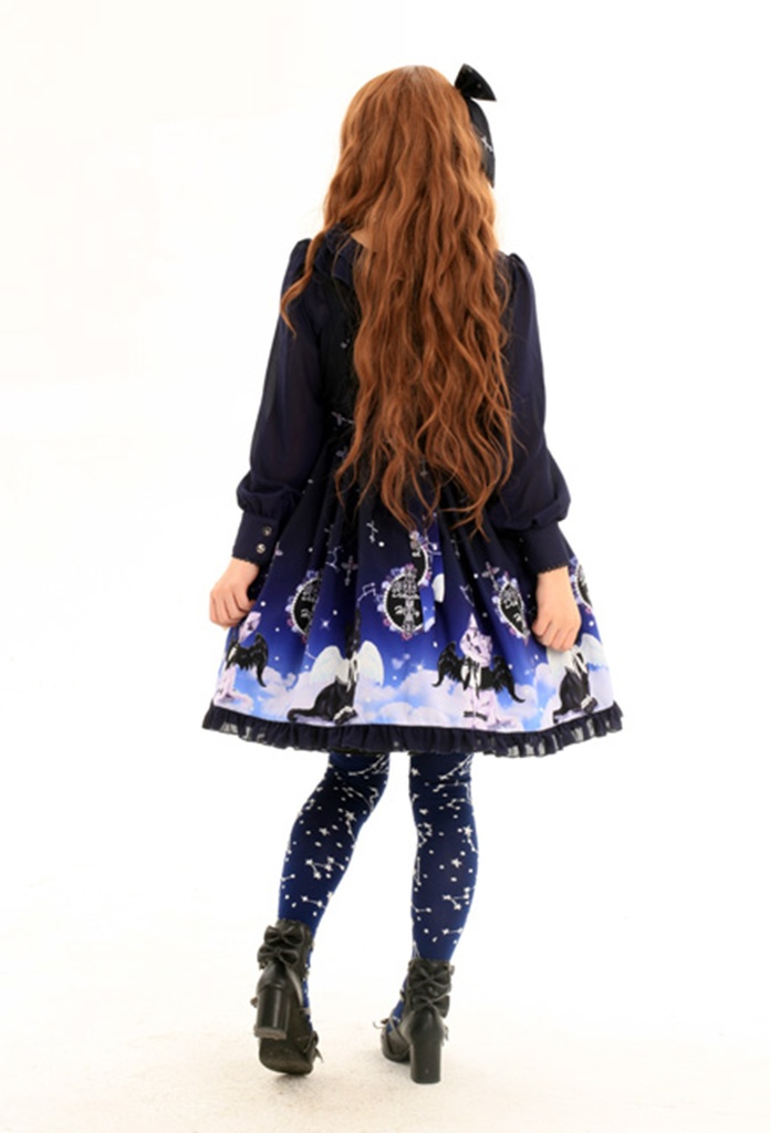 JillpunkオリジナルKERAアニメファンタジー インキュバス猫バトラー夜空プリント ノースリーブワンピースドレスJSK にゃんこ猫娘猫少女レディースロリータ