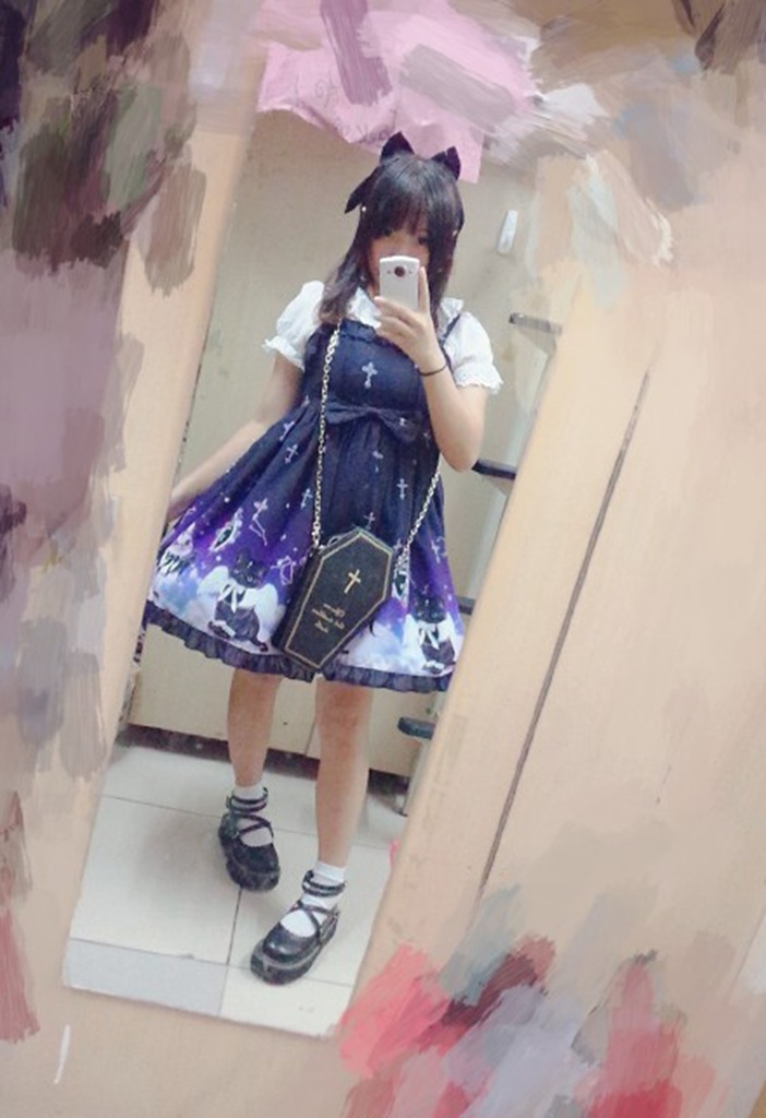 JillpunkオリジナルKERAアニメファンタジー インキュバス猫バトラー夜空プリント ノースリーブワンピースドレスJSK にゃんこ猫娘猫少女レディースロリータ