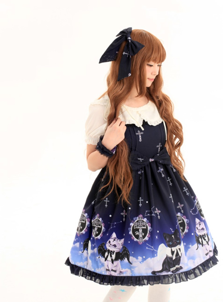 JillpunkオリジナルKERAアニメファンタジー インキュバス猫バトラー夜空プリント ノースリーブワンピースドレスJSK にゃんこ猫娘猫少女レディースロリータ