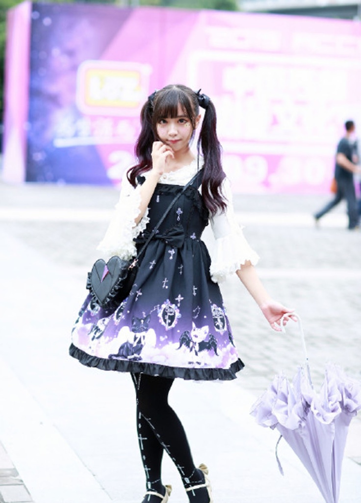 JillpunkオリジナルKERAアニメファンタジー インキュバス猫バトラー夜空プリント ノースリーブワンピースドレスJSK にゃんこ猫娘猫少女レディースロリータ