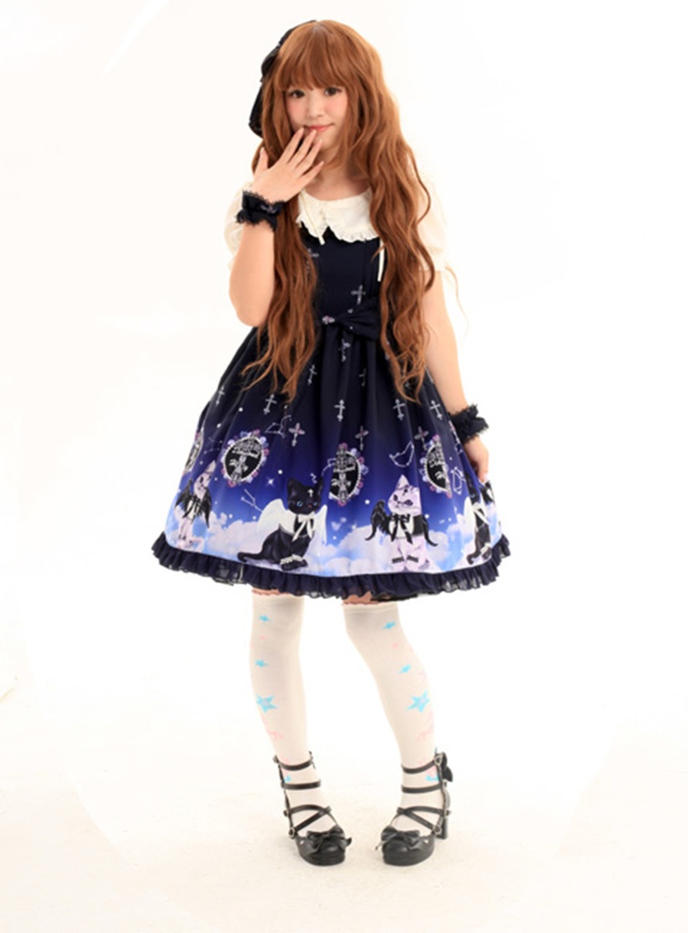 JillpunkオリジナルKERAアニメファンタジー インキュバス猫バトラー夜空プリント ノースリーブワンピースドレスJSK にゃんこ猫娘猫少女レディースロリータ