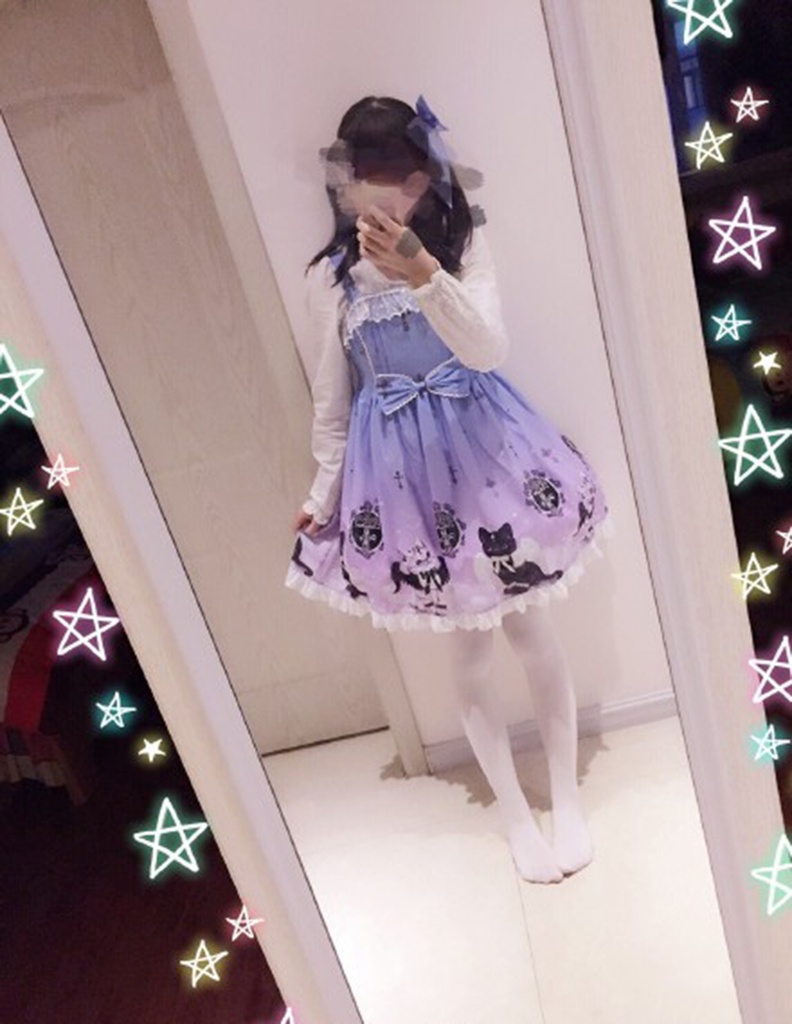 JillpunkオリジナルKERAアニメファンタジー インキュバス猫バトラー夜空プリント ノースリーブワンピースドレスJSK にゃんこ猫娘猫少女レディースロリータ