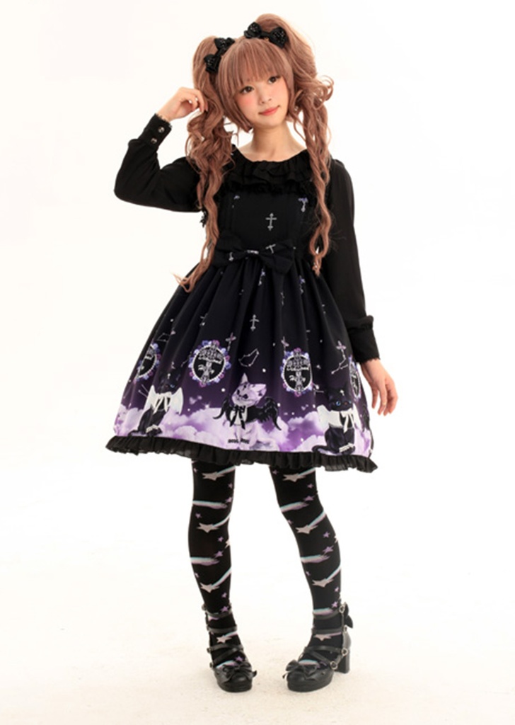 JillpunkオリジナルKERAアニメファンタジー インキュバス猫バトラー夜空プリント ノースリーブワンピースドレスJSK にゃんこ猫娘猫少女レディースロリータ