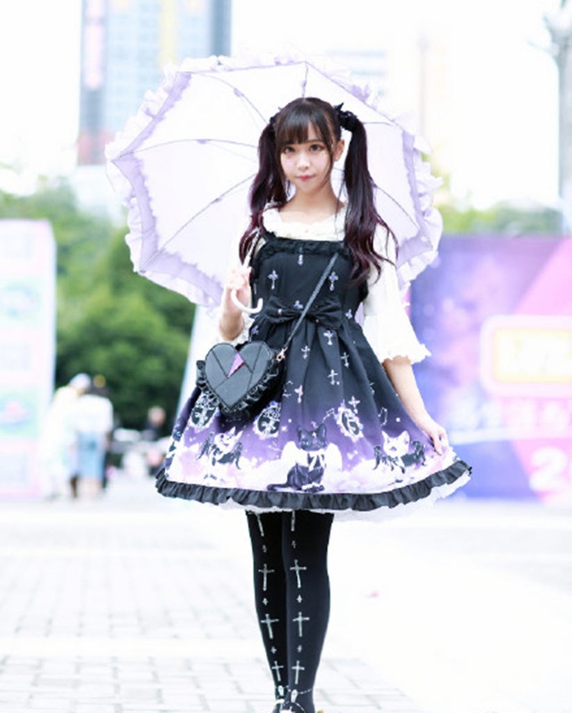 JillpunkオリジナルKERAアニメファンタジー インキュバス猫バトラー夜空プリント ノースリーブワンピースドレスJSK にゃんこ猫娘猫少女レディースロリータ