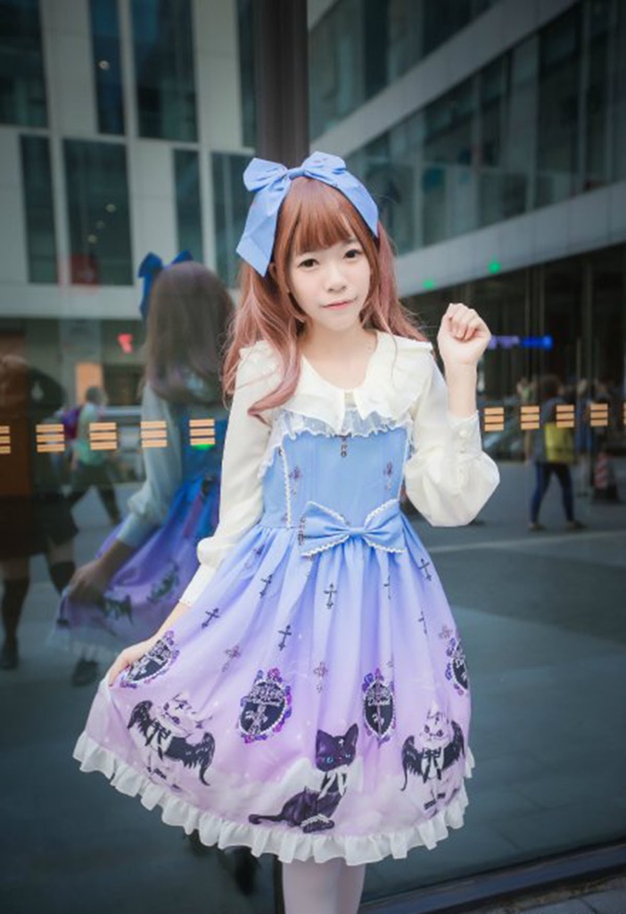 JillpunkオリジナルKERAアニメファンタジー インキュバス猫バトラー夜空プリント ノースリーブワンピースドレスJSK にゃんこ猫娘猫少女レディースロリータ