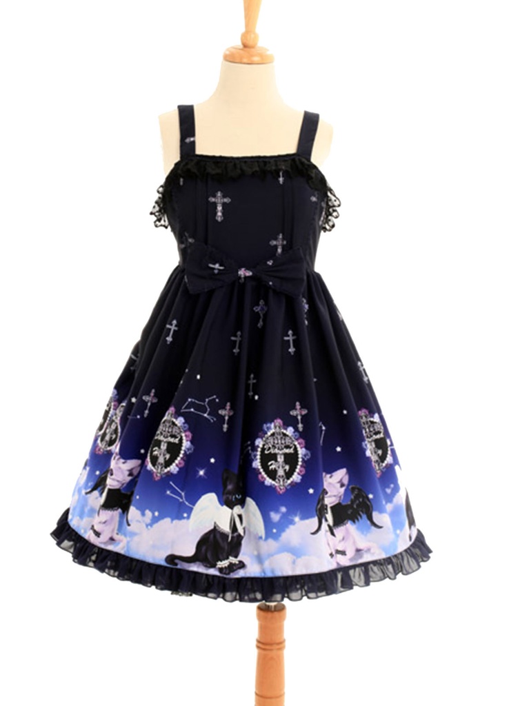 JillpunkオリジナルKERAアニメファンタジー インキュバス猫バトラー夜空プリント ノースリーブワンピースドレスJSK にゃんこ猫娘猫少女レディースロリータ