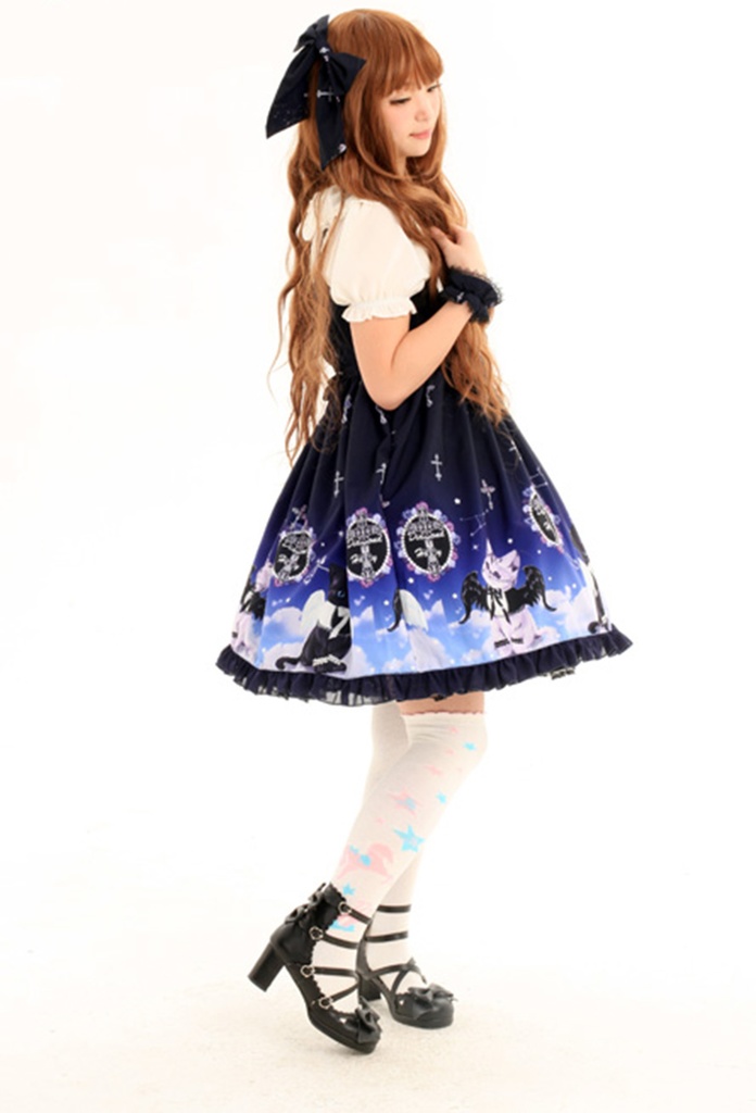 JillpunkオリジナルKERAアニメファンタジー インキュバス猫バトラー夜空プリント ノースリーブワンピースドレスJSK にゃんこ猫娘猫少女レディースロリータ