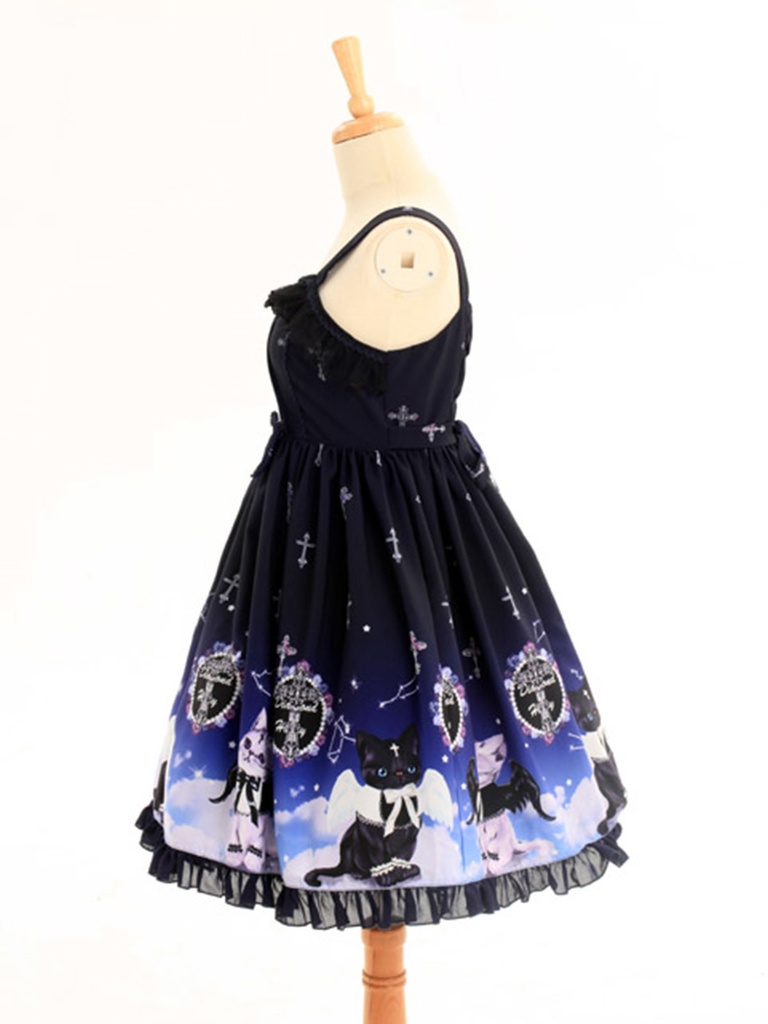 JillpunkオリジナルKERAアニメファンタジー インキュバス猫バトラー夜空プリント ノースリーブワンピースドレスJSK にゃんこ猫娘猫少女レディースロリータ