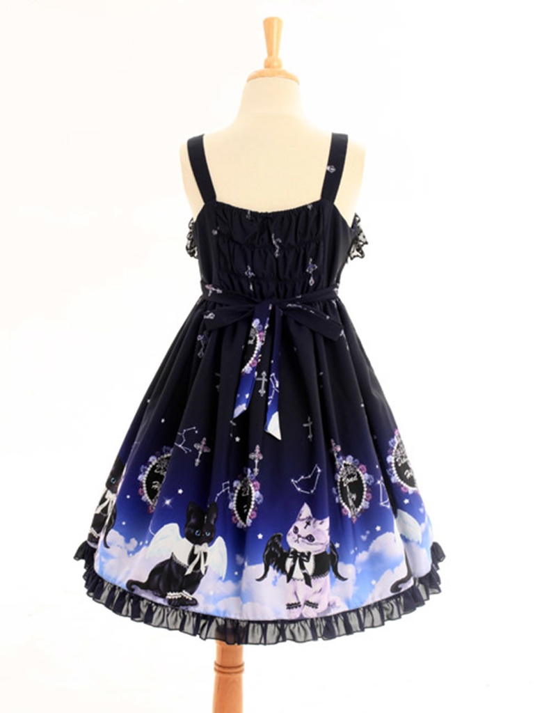 JillpunkオリジナルKERAアニメファンタジー インキュバス猫バトラー夜空プリント ノースリーブワンピースドレスJSK にゃんこ猫娘猫少女レディースロリータ