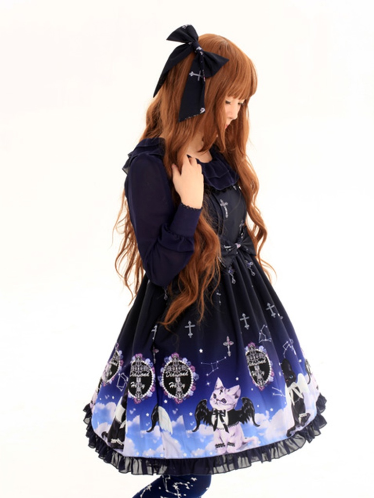 JillpunkオリジナルKERAアニメファンタジー インキュバス猫バトラー夜空プリント ノースリーブワンピースドレスJSK にゃんこ猫娘猫少女レディースロリータ
