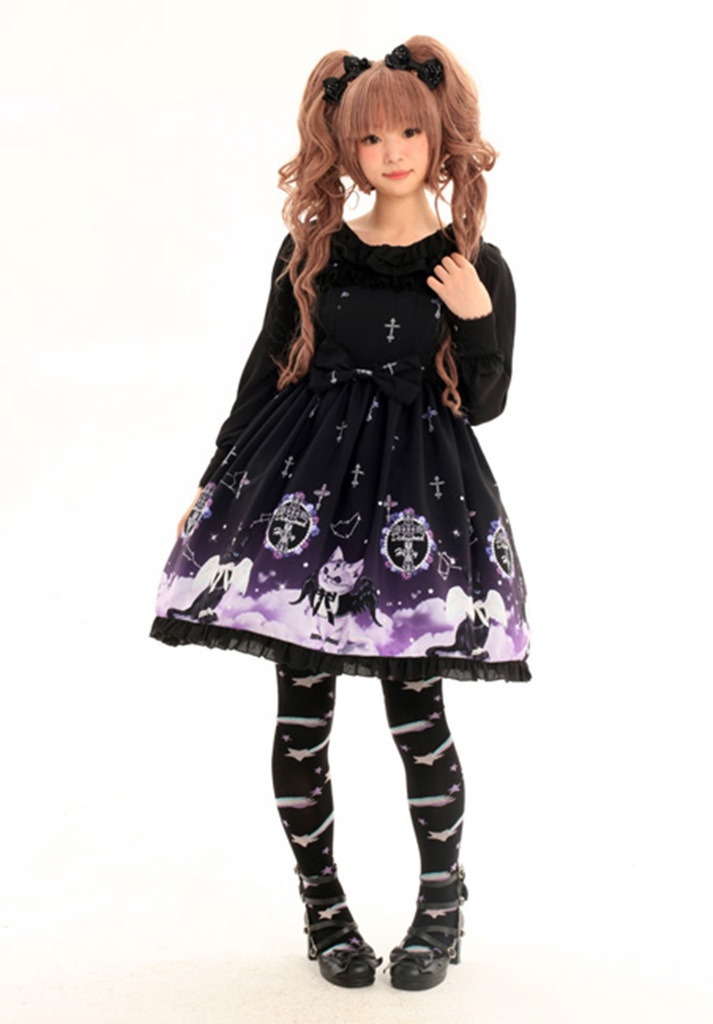 JillpunkオリジナルKERAアニメファンタジー インキュバス猫バトラー夜空プリント ノースリーブワンピースドレスJSK にゃんこ猫娘猫少女レディースロリータ