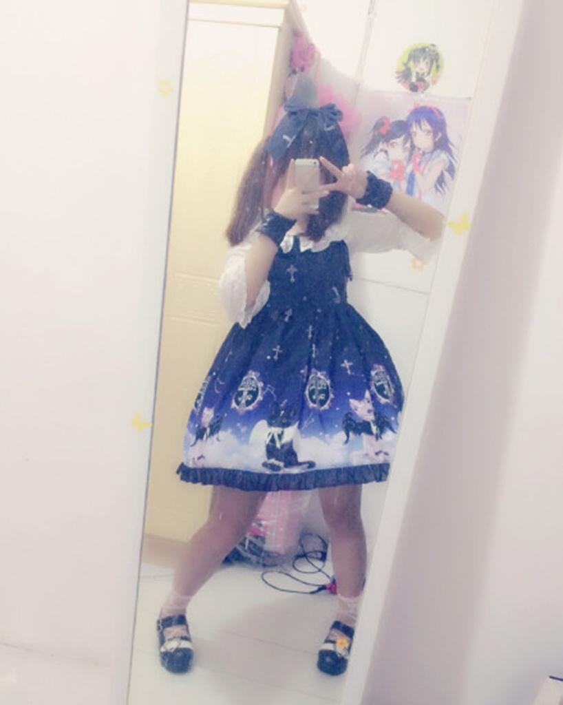 JillpunkオリジナルKERAアニメファンタジー インキュバス猫バトラー夜空プリント ノースリーブワンピースドレスJSK にゃんこ猫娘猫少女レディースロリータ